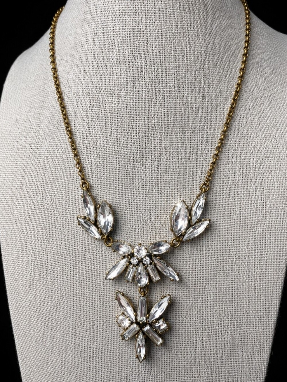 J. Crew Thin Navette Marquis Teardrop Crystal Clear Stones Statement Necklace
